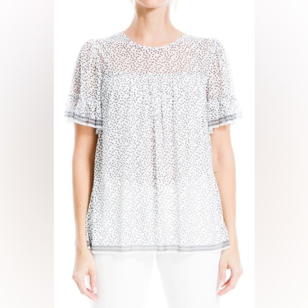 NWT Max Studio Short Sleeve Knit Mesh Top In Ivory/ Black Womens Size XS